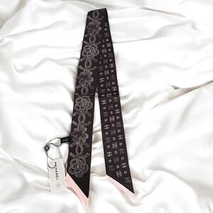 Chanel Black & Pink Camellia Flower Silk Scarf